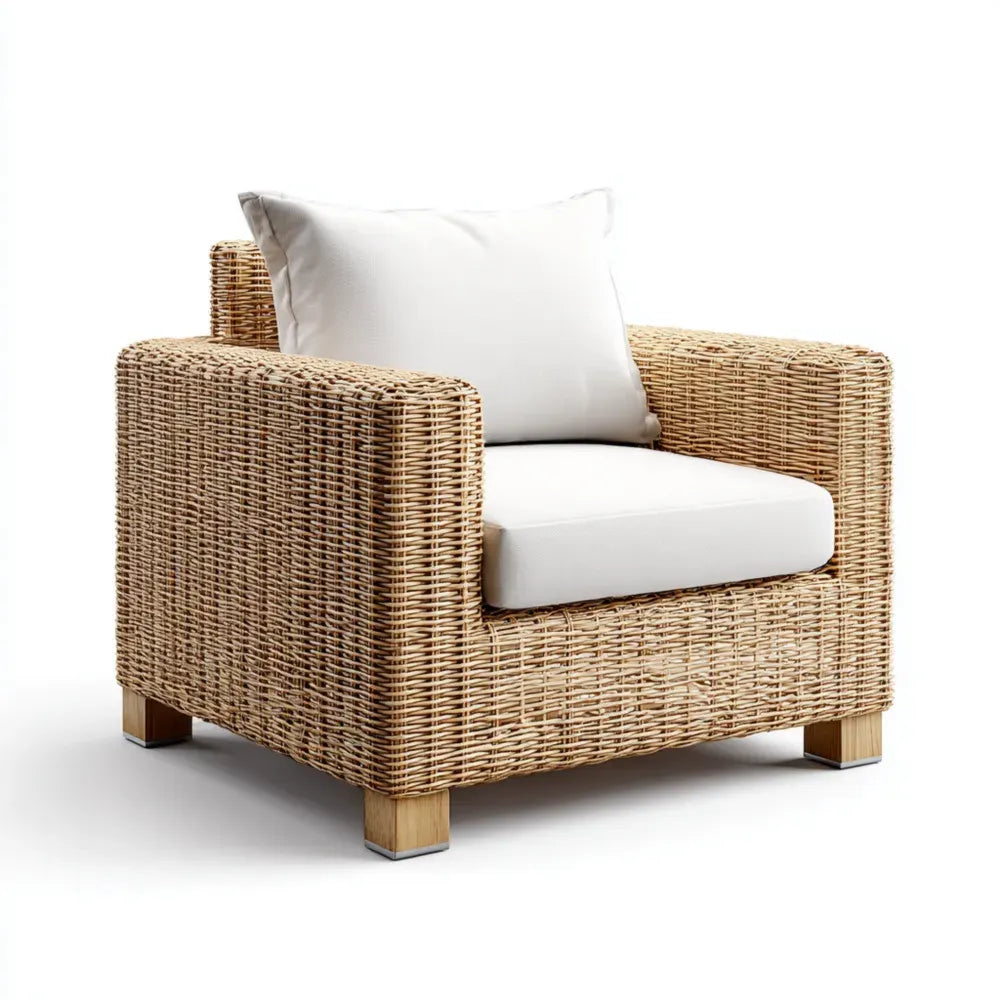 Outdoor Patio Lounge Chair - Wicker Cushioned 76x75x70 cm - Natural Beige/White - Modern Style