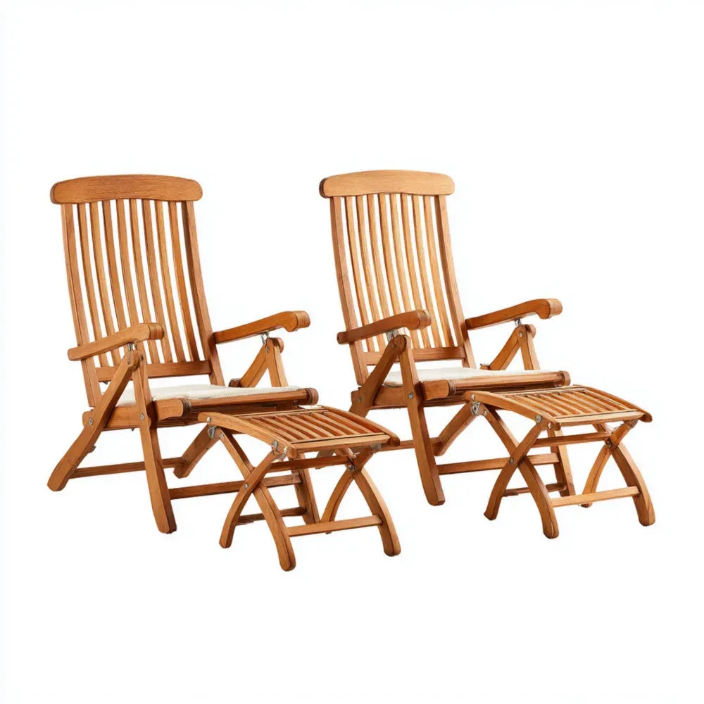 Wooden Patio Lounge Chairs 60x75x90 cm with Ottomans 45x50x45 cm - Natural Finish