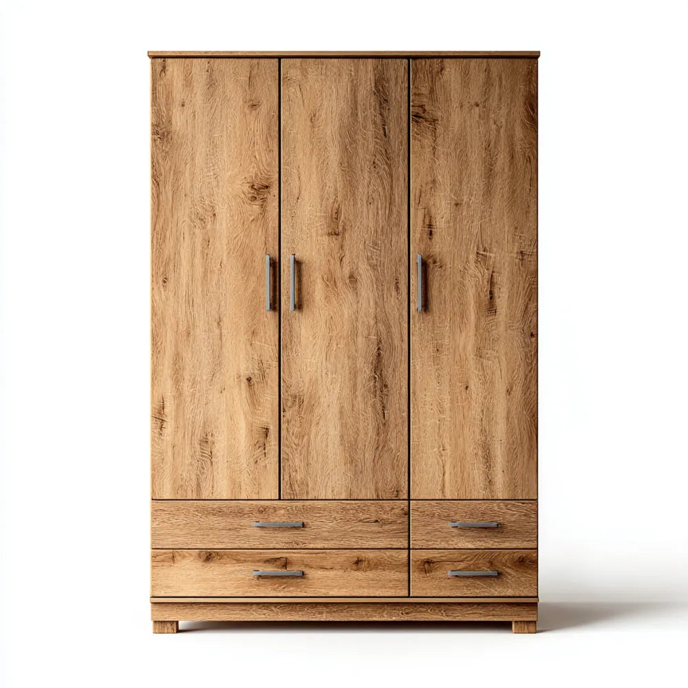Wardrobe Wooden 3-Door with Drawers 180x60x200 cm - Oak - Contemporary Design