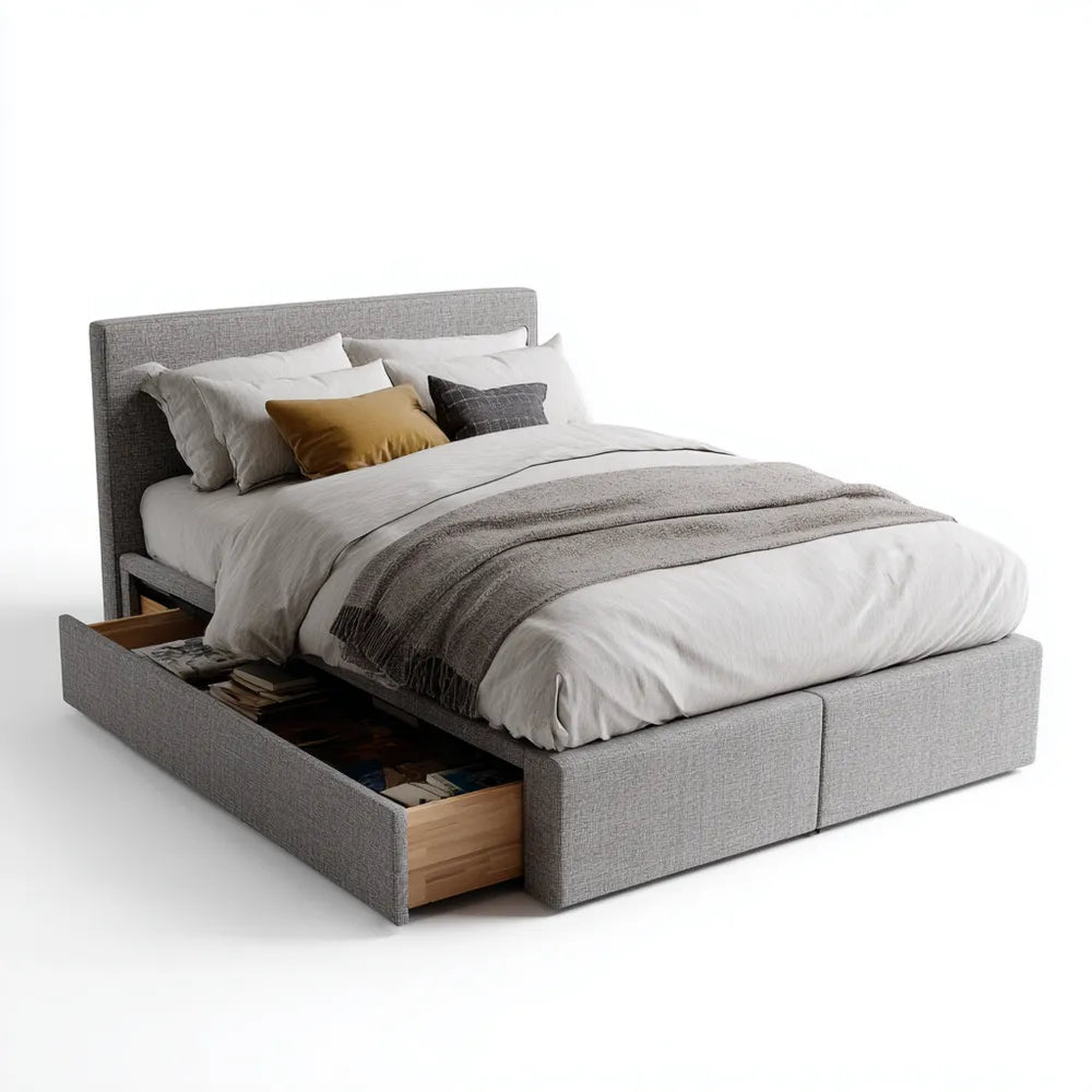Double Bed Upholstered with Storage Drawers 200x140x40 cm - Light Gray - Contemporary Design